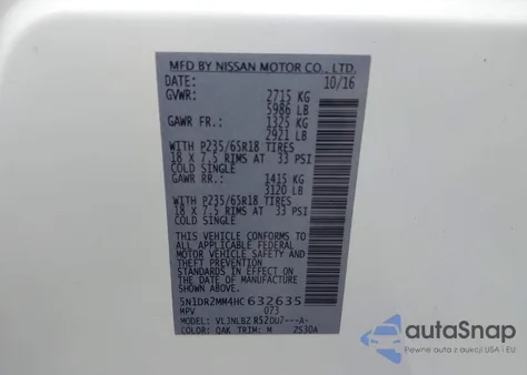 2017 Nissan Pathfinder S z USA, uszkodzony, nr VIN 5N1DR2MM4HC632635